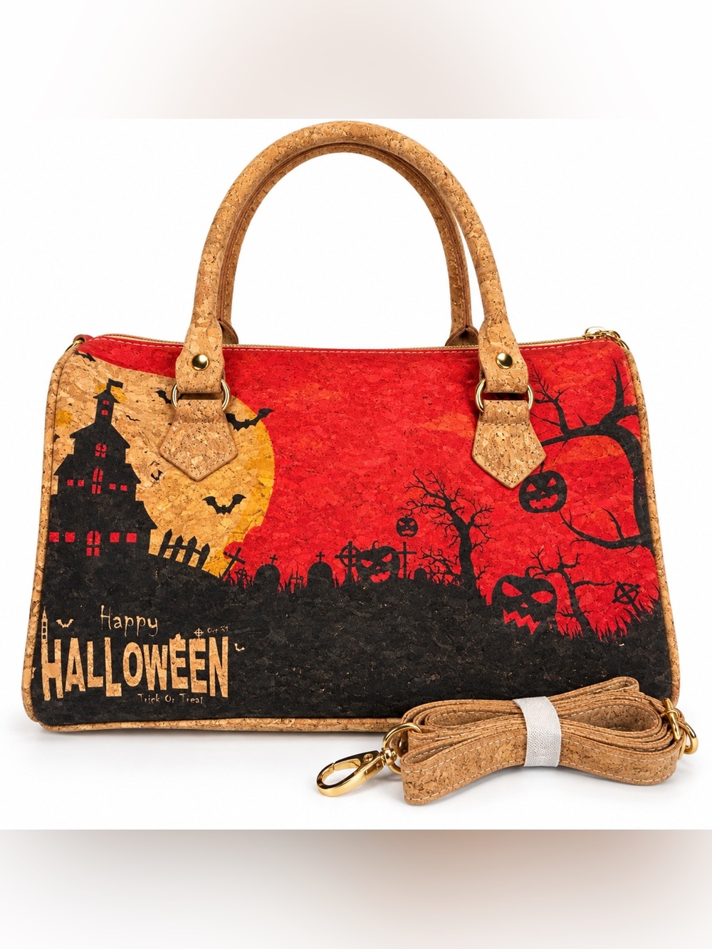 Halloween Cork Handbag Purse Haunted House Pumpkin Crossbody Shoulder Bag